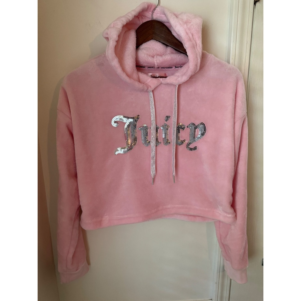 Juicy‎ Couture Pink Faux Fur Cropped Hoodie Sequin Logo Sleepwear 2848-79 Small